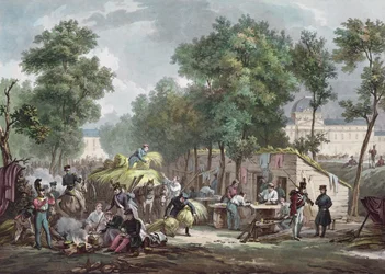 Preußische Soldaten biwakieren auf dem Marsfeld, Paris 1871, graviert von Jazet
